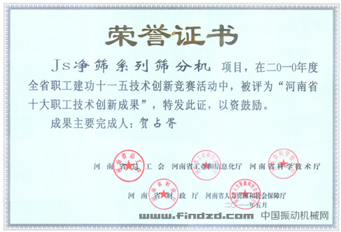 新鄉(xiāng)市高服篩分機(jī)械有限公司環(huán)保振動篩榮獲河南省十大創(chuàng)新成果獎